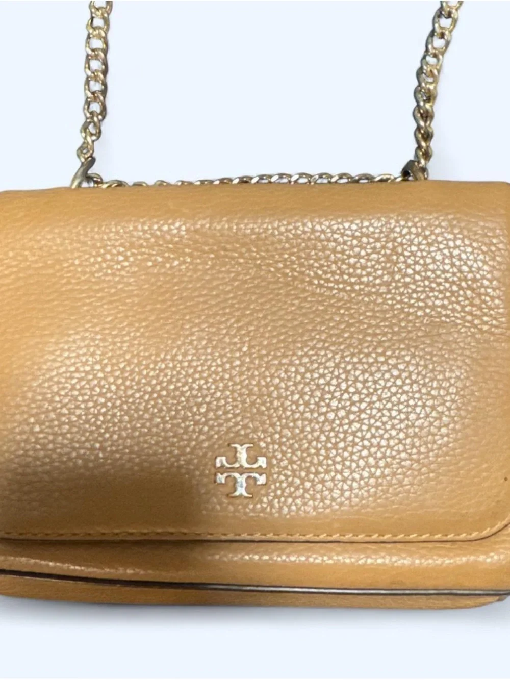 Tory Burch Tan Pebbled Leather Crossbody with Gold Chain